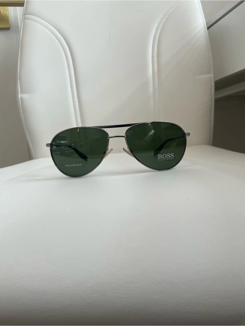 Boss Aviator Sunglasses with Dark Green Lenses and Silver Frame